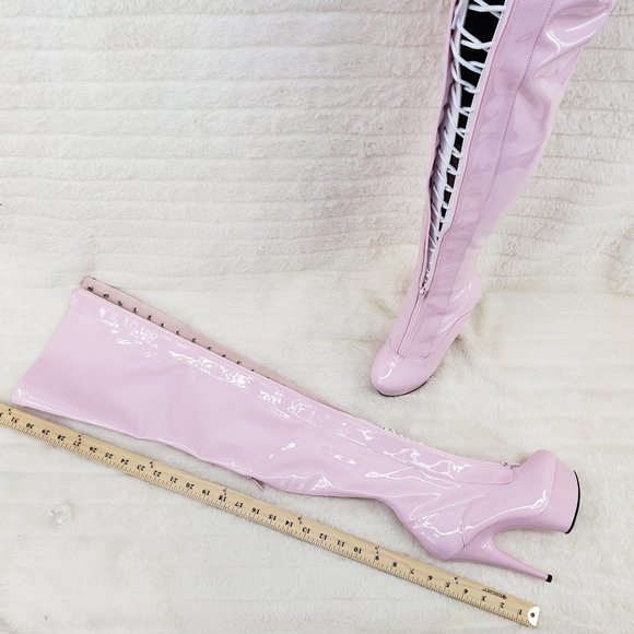 Baby Pink White Patent Platform Thigh High Heel Front Zipper / Lace up Boots - Picture 10 of 12